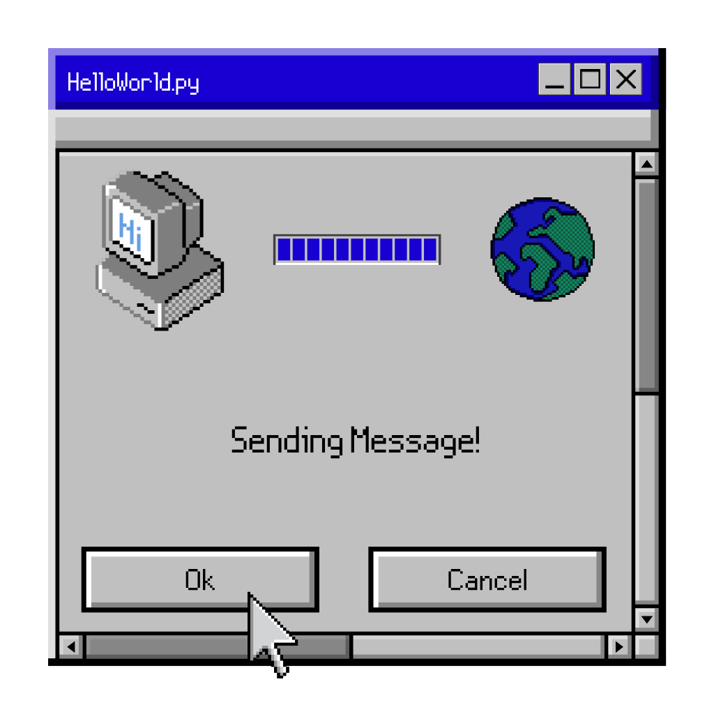 A retro browser alert that reads: "sending message!"